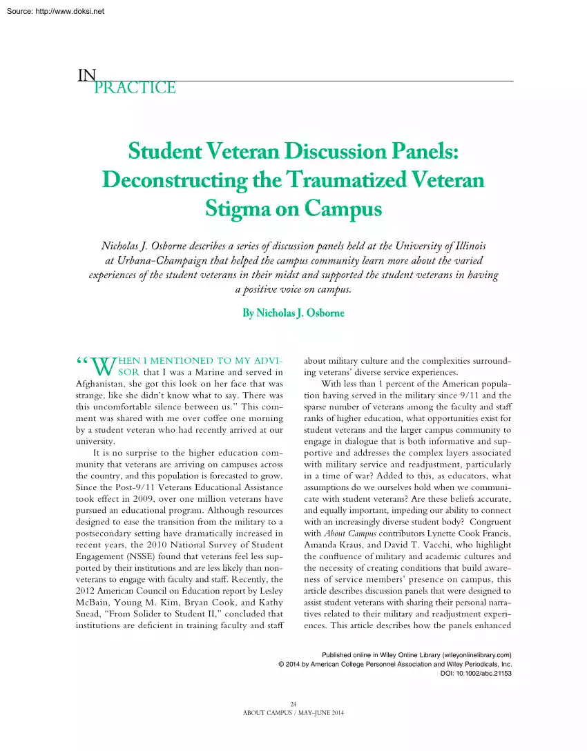 By Nicholas J. Osborne - Student Veteran Discussion Panels, Deconstructing the Traumatized Veteran Stigma on Campus