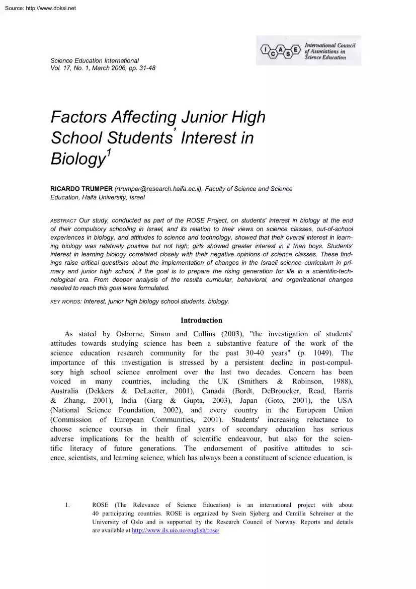 Ricardo Trumper - Factors Affecting Junior High School Students Interest in Biology