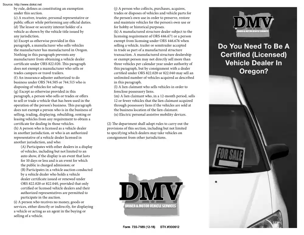 Do You Need To Be A Certified, Licensed, Vehicle Dealer In Oregon