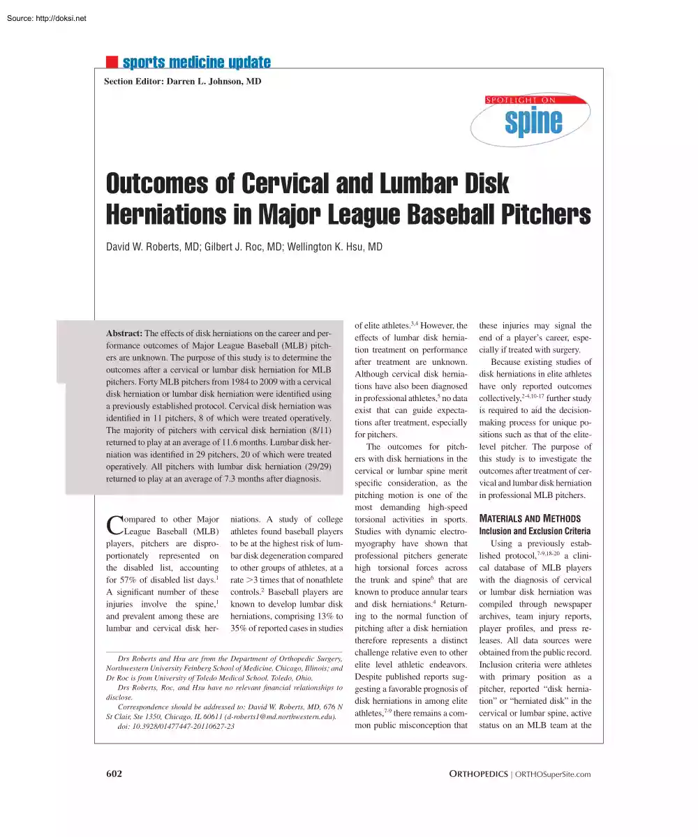 Roberts-Roc-Hsu - Outcomes of Cervical and Lumbar Disk Herniations in Major League Baseball Pitchers