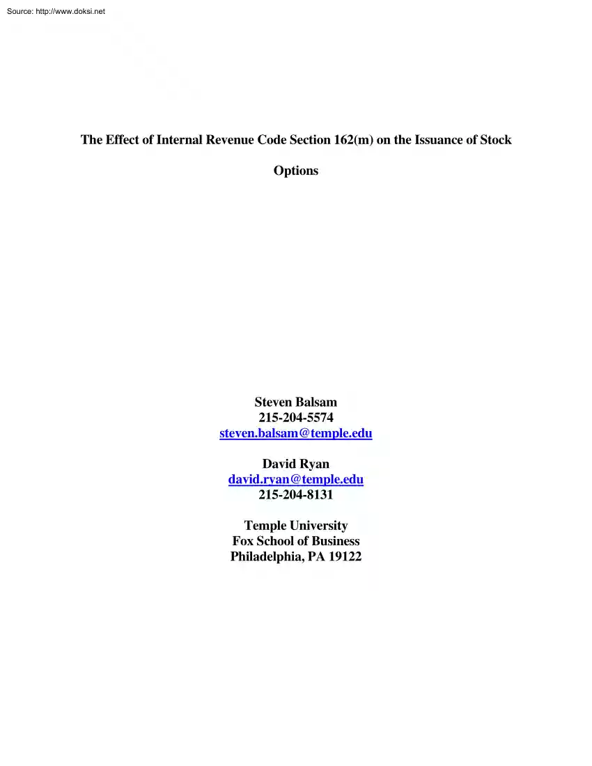 Balsam-Ryan - The Effect of Internal Revenue Code Section 162m on the Issuance of Stock Options