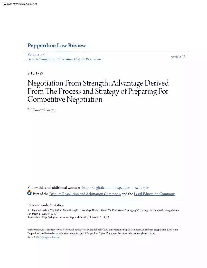 R. Hanson Lawton - Negotiation From Strength, Advantage Derived From The Process and Strategy of Preparing For Competitive Negotiation