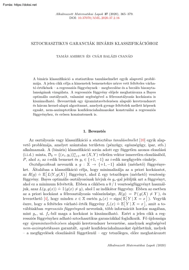 Tamás-Csáji - Sztochasztikus garanciák bináris klasszifikációhoz