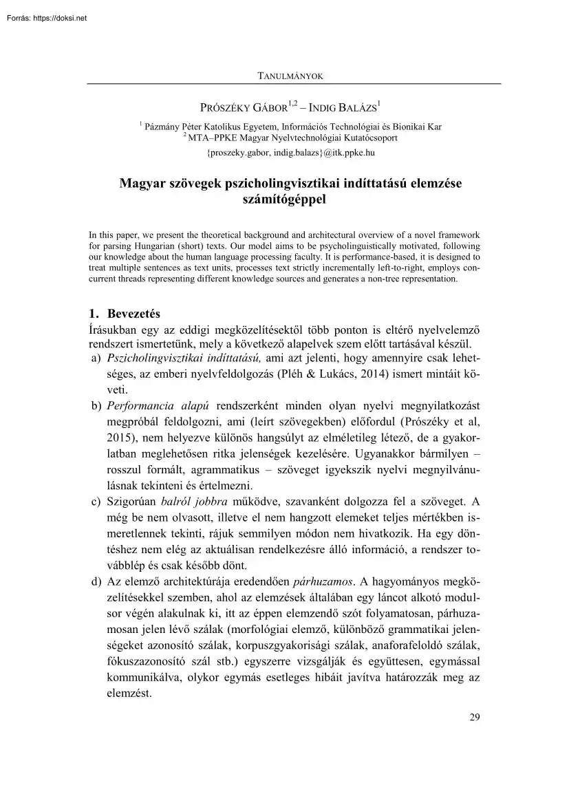 Prószékí-Indig - Magyar szövegek pszicholingvisztikai indíttatású elemzése