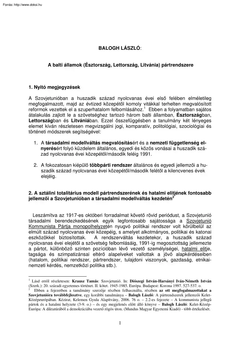 Balogh László - A balti államok pártrendszere