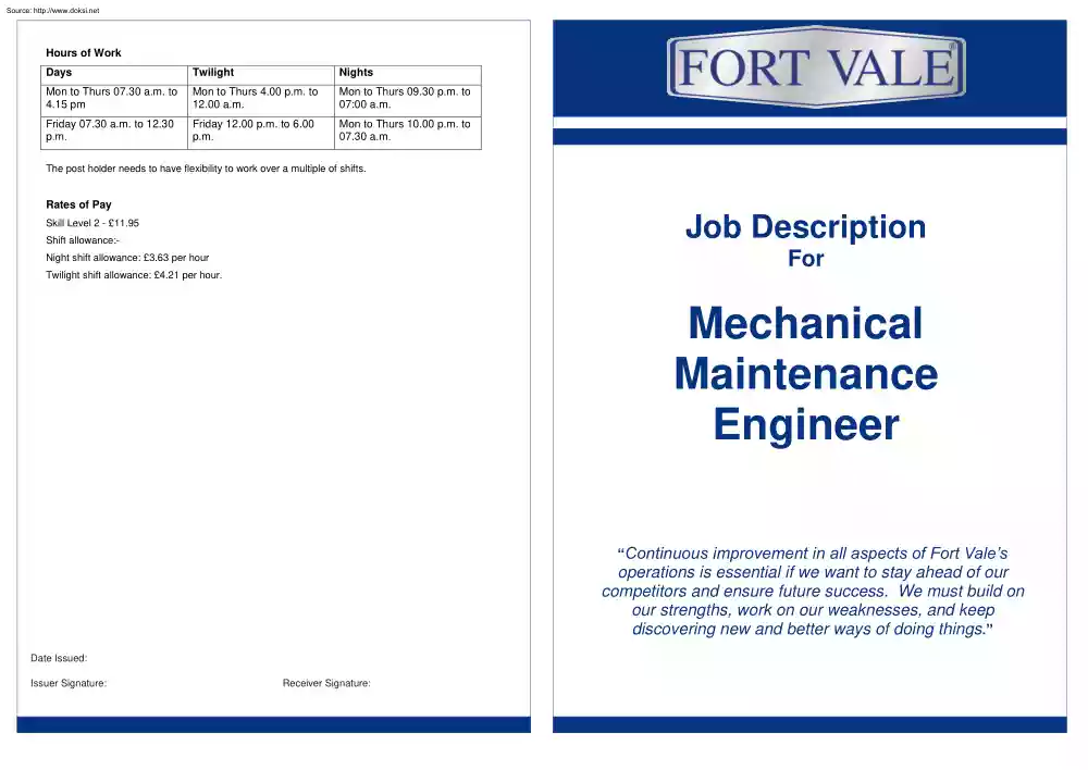 Job Description for Mechanical Maintenance Engineer