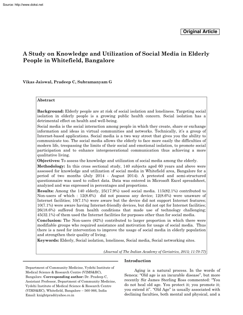 Jaiswal-Pradeep-Subramanyam - A Study on Knowledge and Utilization of Social Media in Elderly People in Whitefield, Bangalore