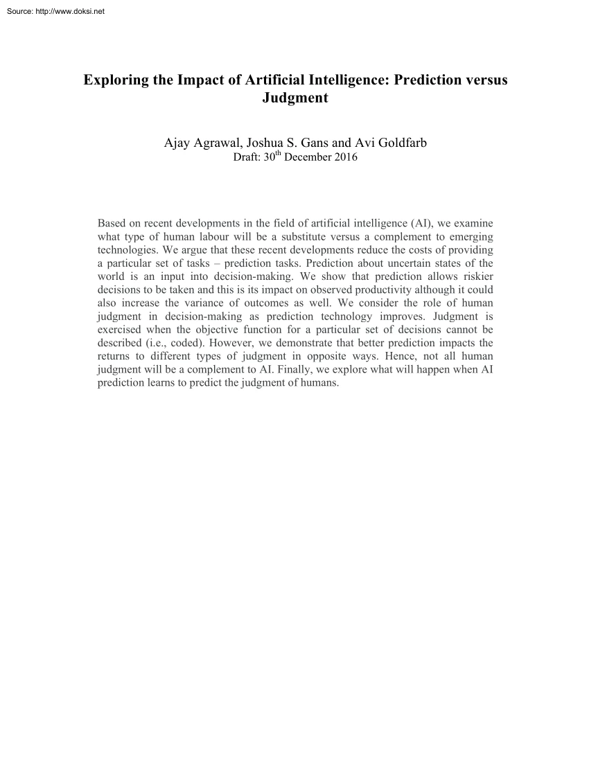 Agrawal-Gans-Goldfarb - Exploring the Impact of Artificial Intelligence, Prediction Versus Judgment