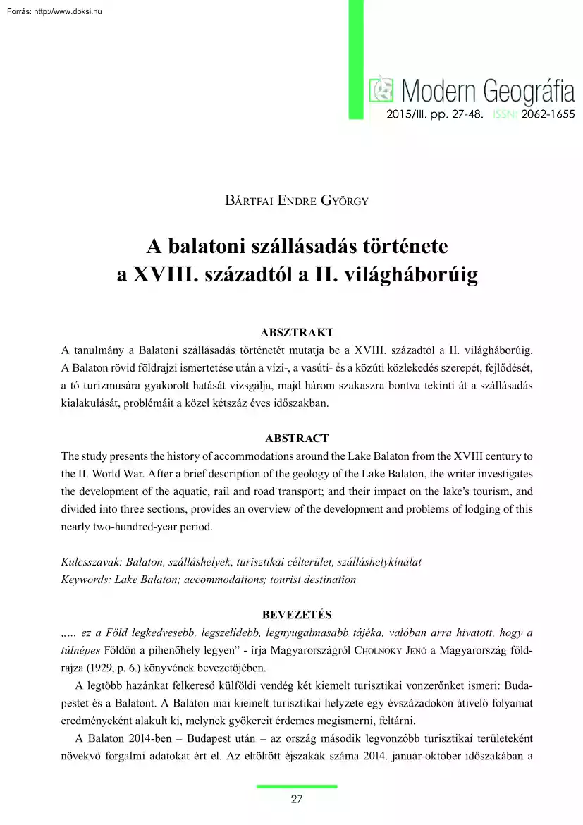 Bártfai Endre György - A balatoni szállásadás története a XVIII. századtól a II. világháborúig