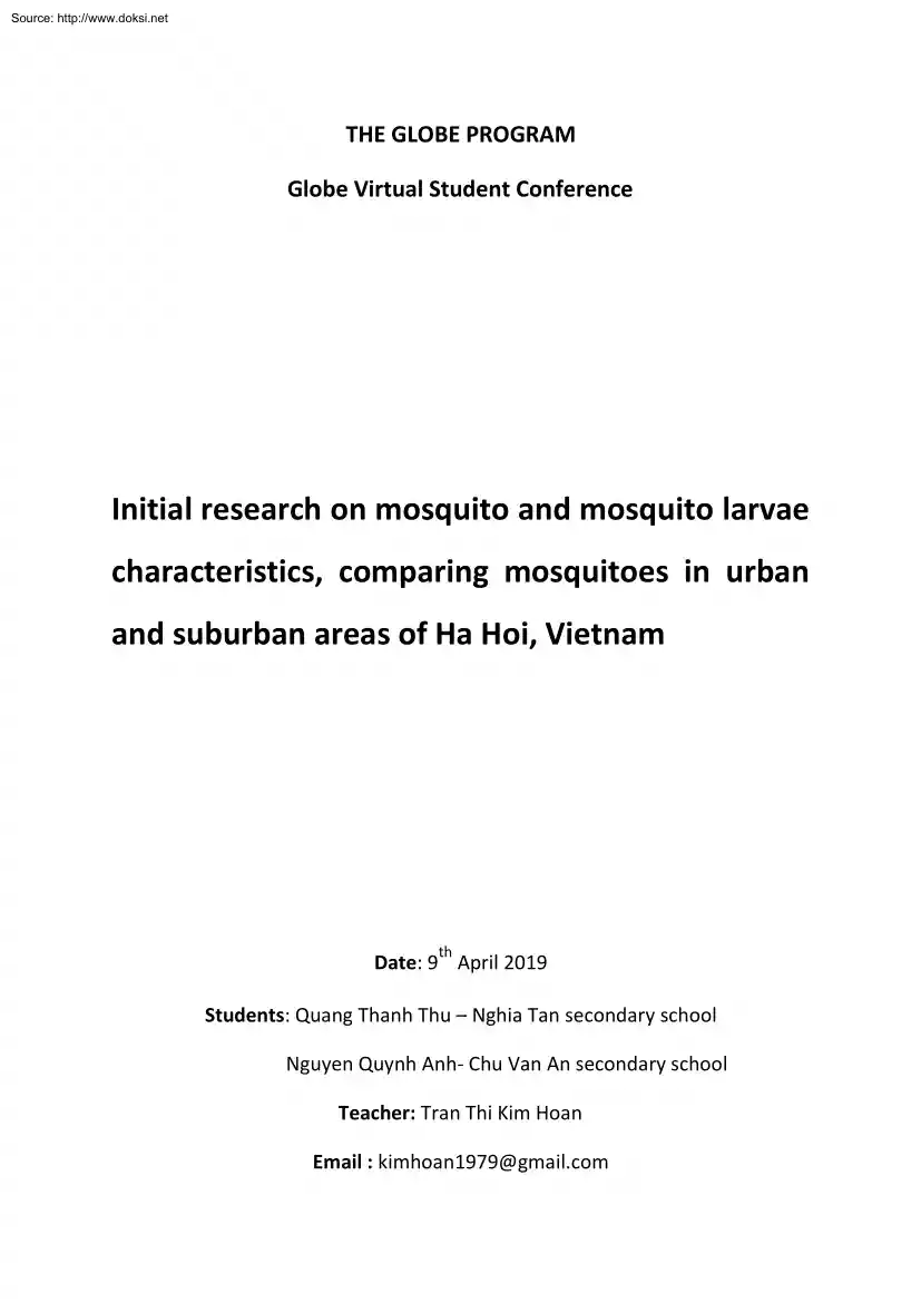 Thu-Anh - Initial Research on Mosquito and Mosquito Larvae Characteristics, Comparing Mosquitoes in Urban and Suburban Areas of Ha Hoi, Vietnam