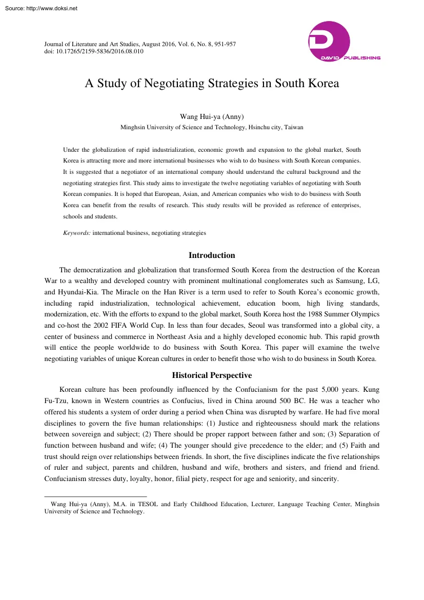 Wang Hui Ya - A Study of Negotiating Strategies in South Korea
