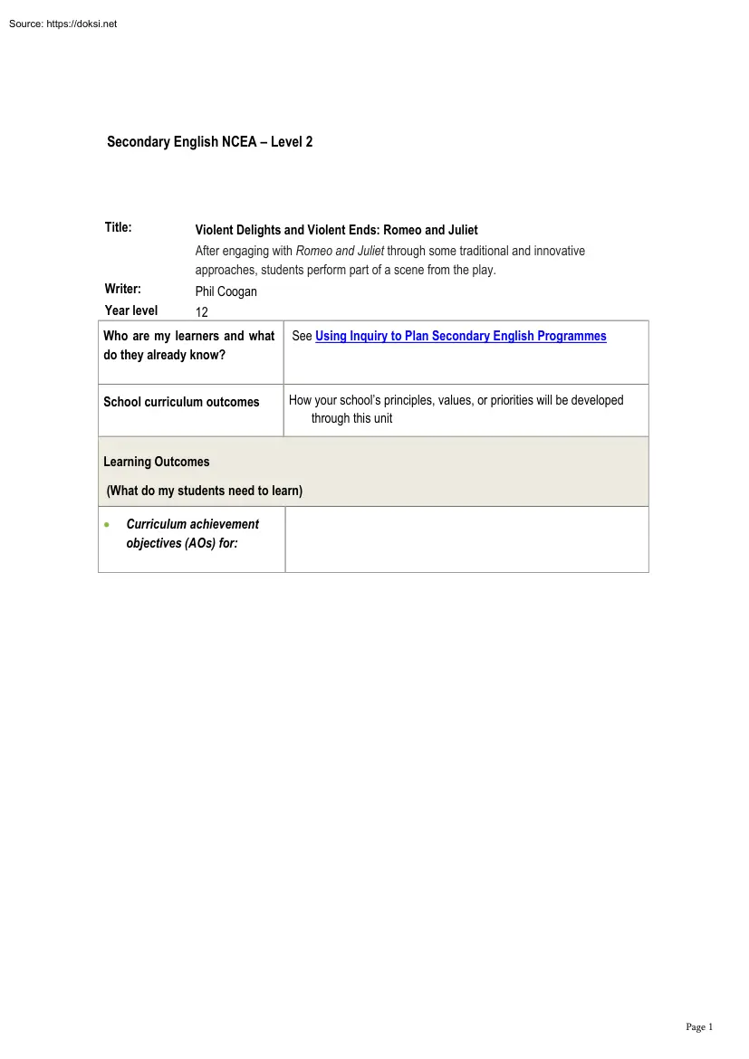 Phil Coogan - Violent Delights and Violent Ends, Romeo and Juliet, Secondary English NCEA, Level 2