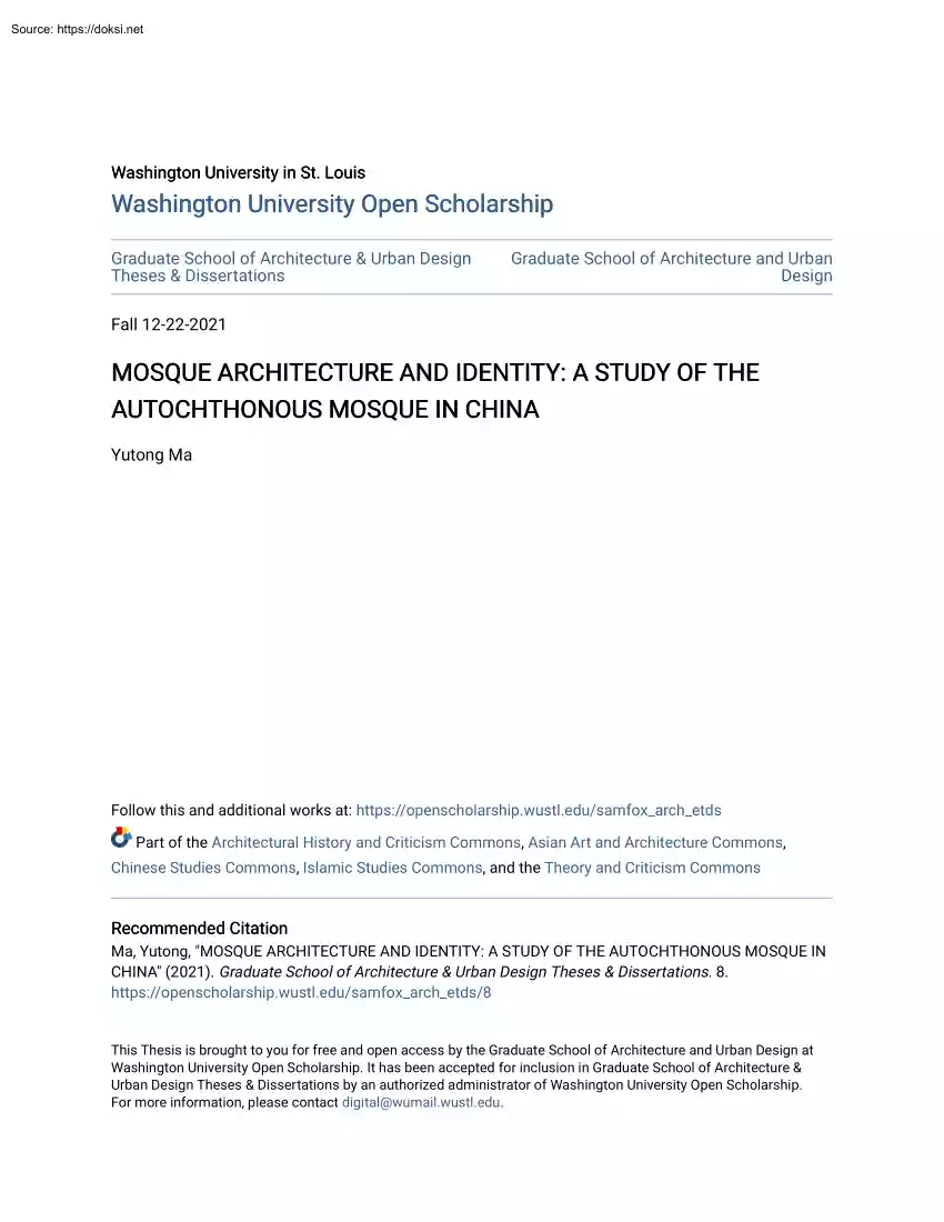 Yutong Ma - Mosque Architecture and Identity, A Study of the Autochthonous Mosque in China