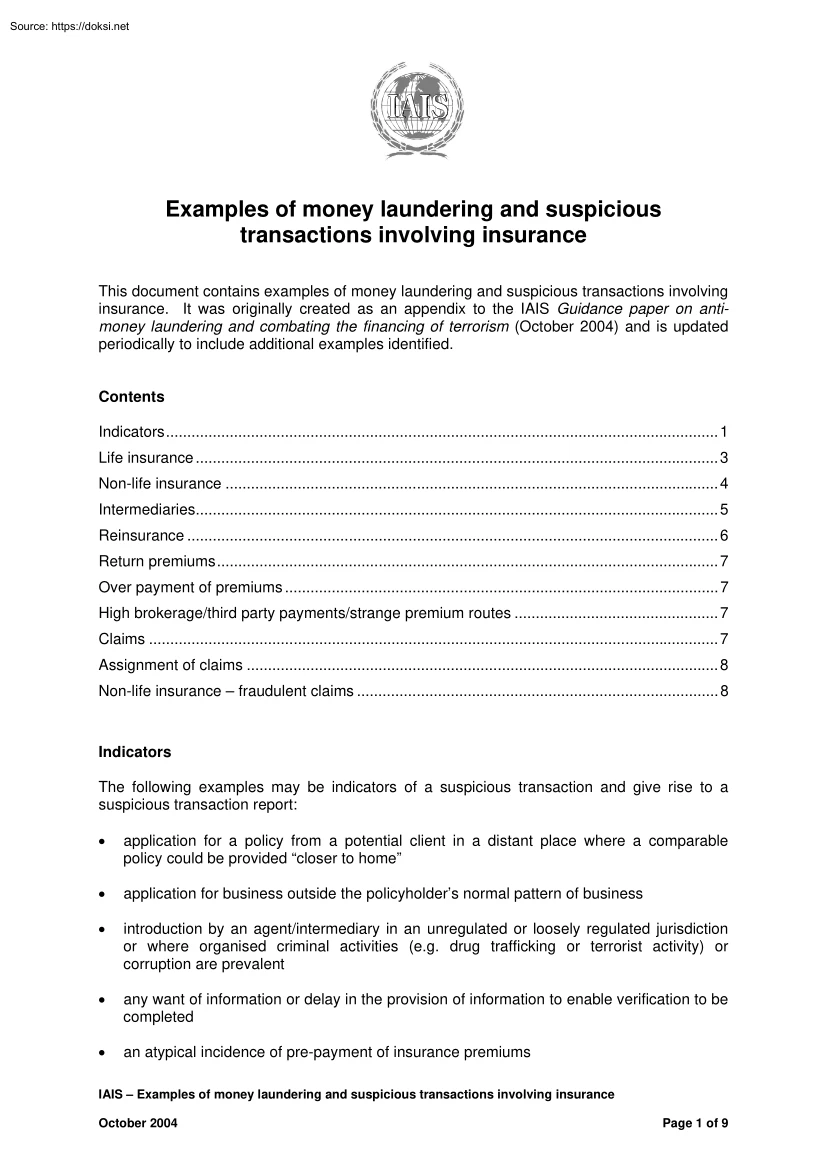 Examples of Money Laundering and Suspicious Transactions Involving Insurance