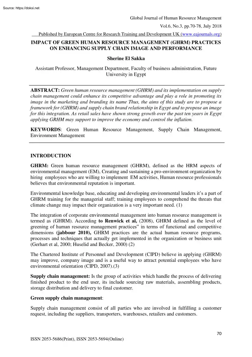 Sherine El Sakka - Impact of Green Human Resource Management Practices on Enhancing Supply Chain