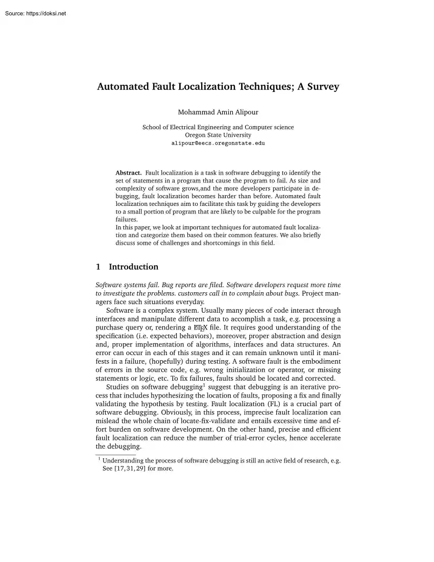 Mohammad Amin Alipour - Automated Fault Localization Techniques, A Survey