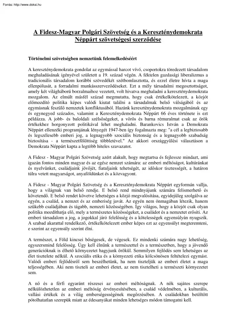 A Fidesz-Magyar Polgári Szövetség és a Kereszténydemokrata Néppárt szövetségesi szerződése
