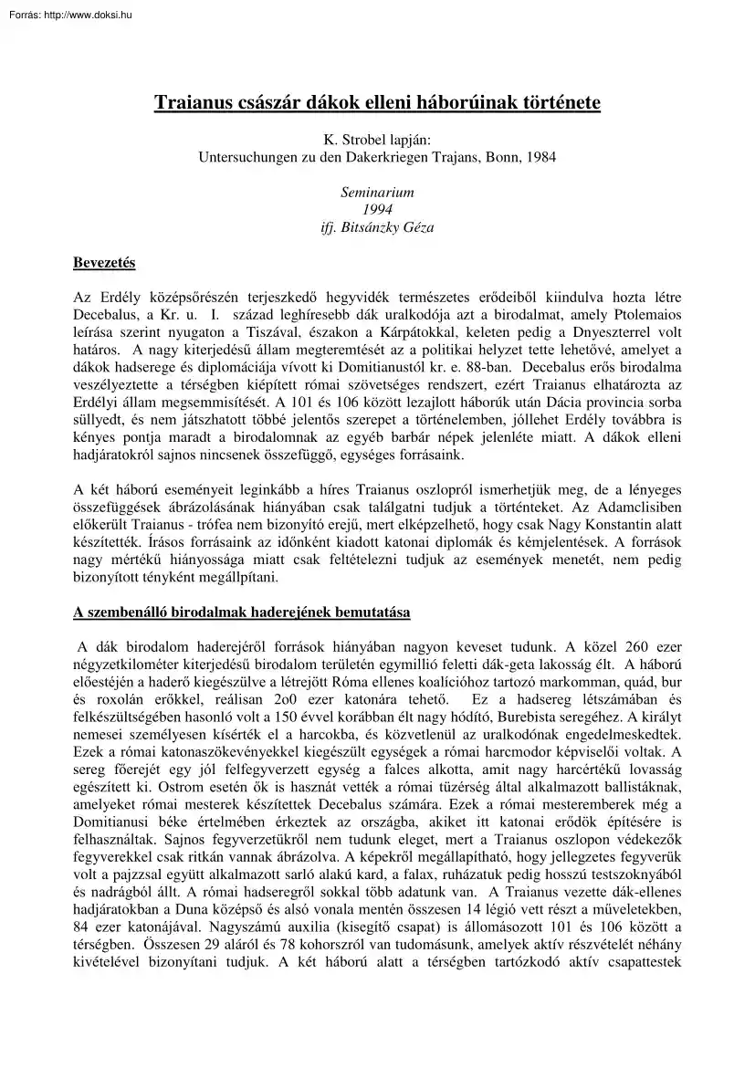 Ifj. Bitsánzky Géza - Traianus császár dákok elleni háborúinak története