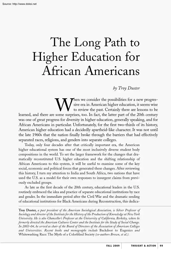Troy Duster - The Long Path to Higher Education for African Americans
