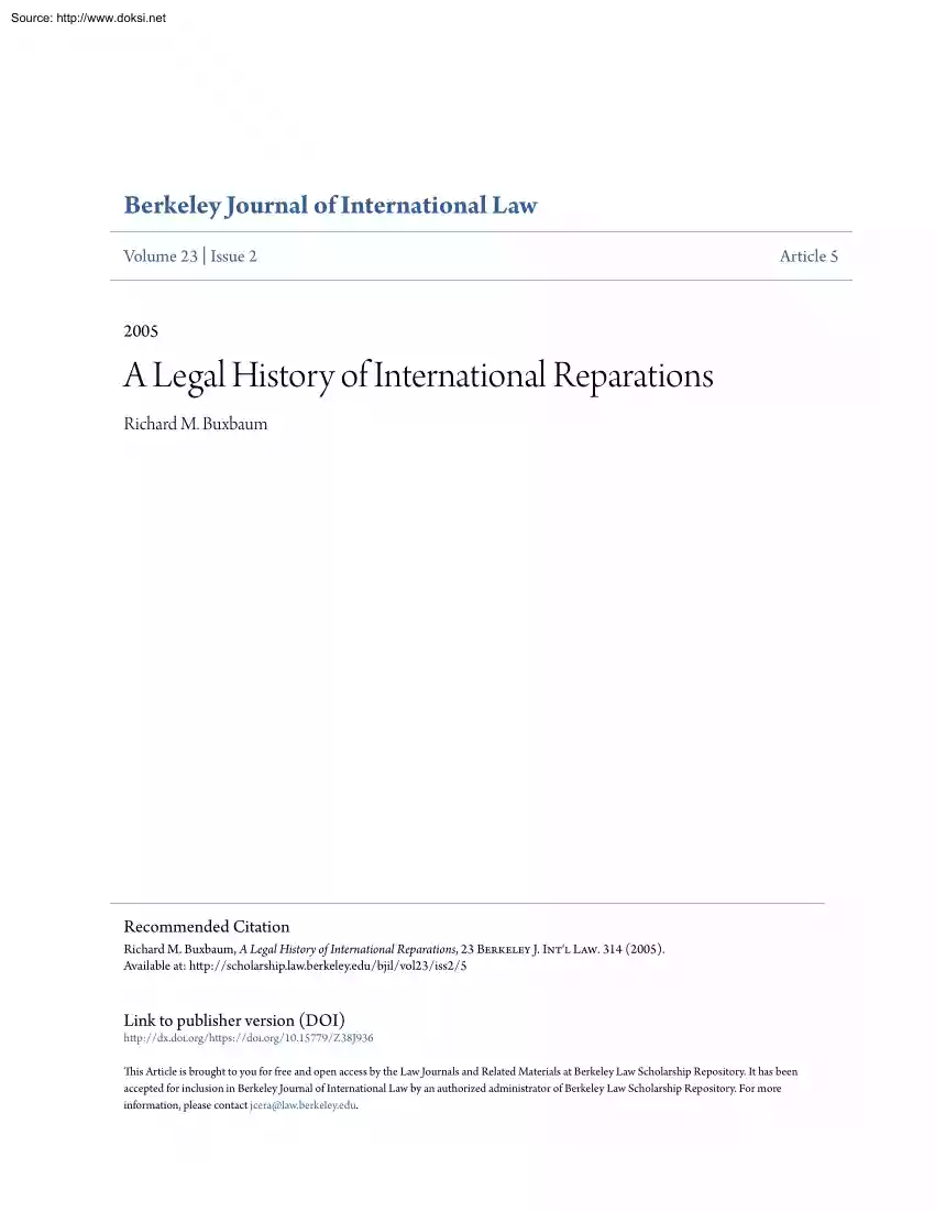 Richard M. Buxbaum - A Legal History of International Reparations