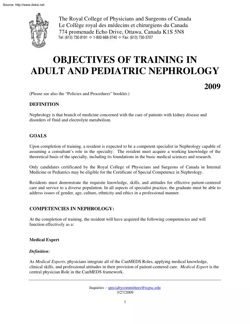 Objectives of Training in Adult and Pediatric Nephrology