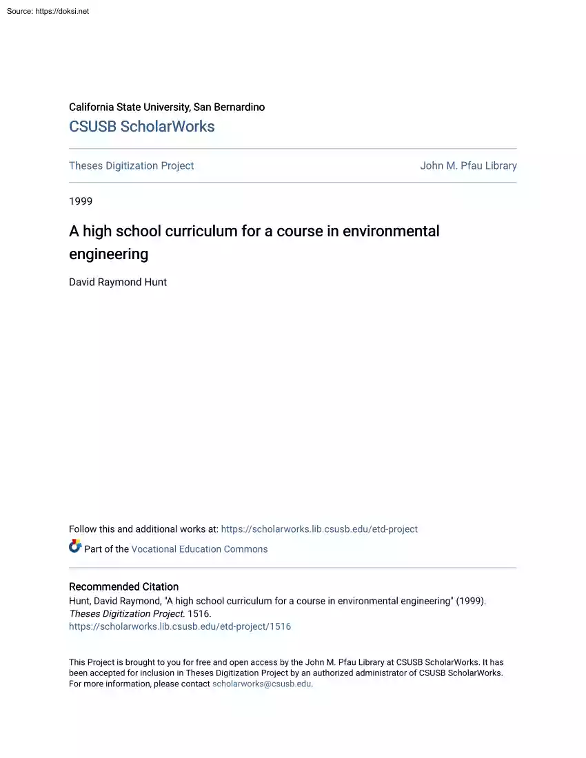 David Raymond Hunt - A high school curriculum for a course in environmental engineering