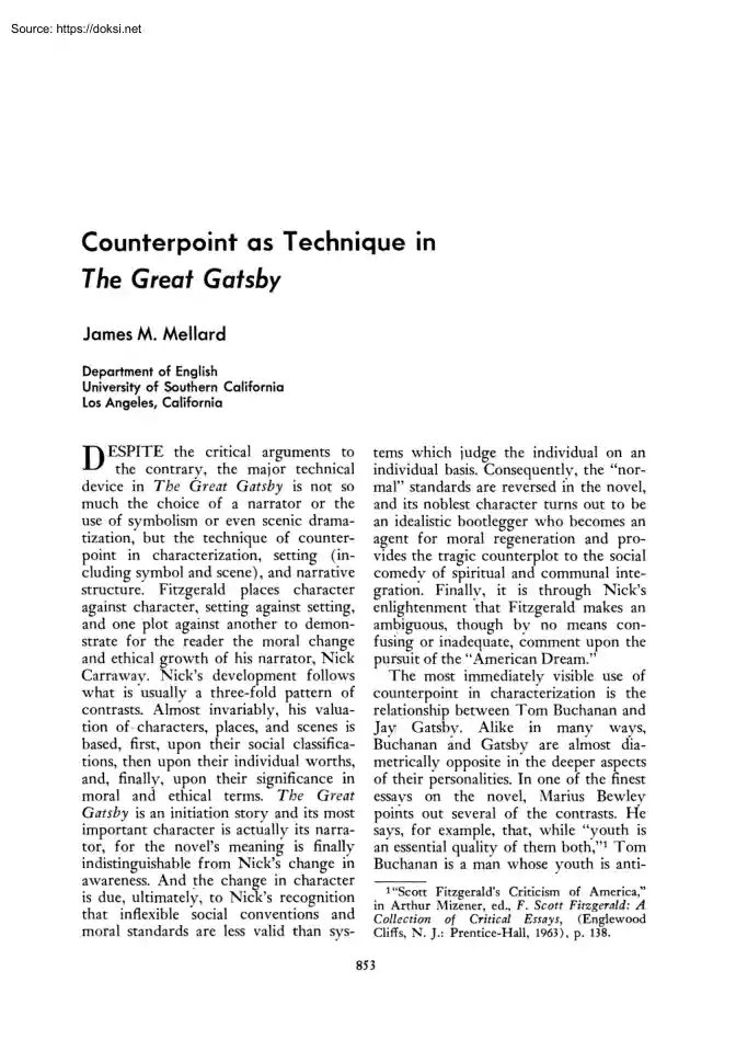 James M. Mellard - Counterpoint as Technique in The Great Gatsby