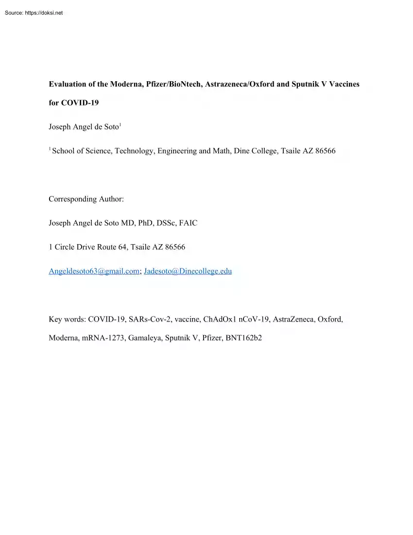 Joseph Angel de Soto - Evaluation of the Moderna, Pfizer BioNtech, Astrazeneca Oxford and Sputnik V Vaccines for COVID-19