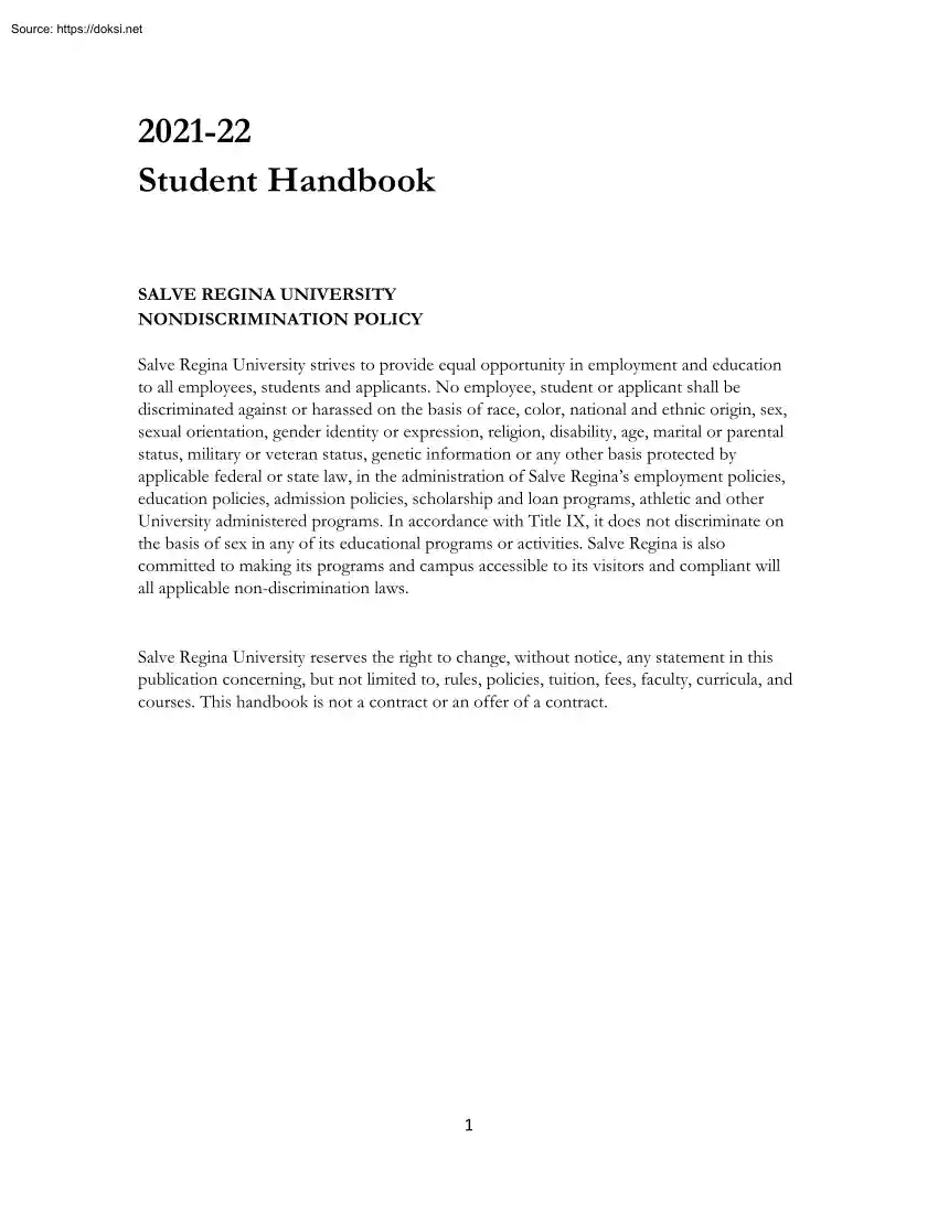 Salve Regina University, Student Handbook