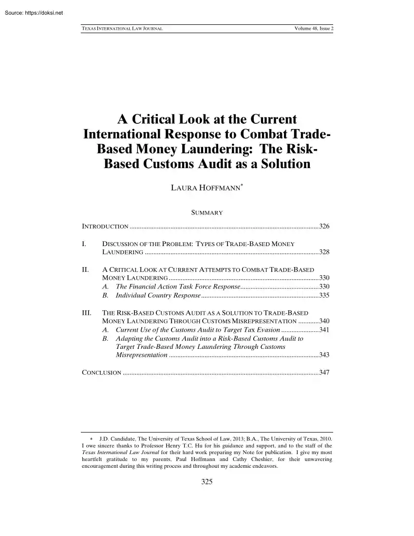 Laura Hoffmann - A Critical Look at the Current International Response to Combat Trade-Based Money Laundering, The Risk-Based Customs Audit as a Solution