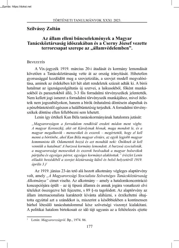 Szilvássy Zoltán - Az állam elleni bűncselekmények a Magyar Tanácsköztársaság