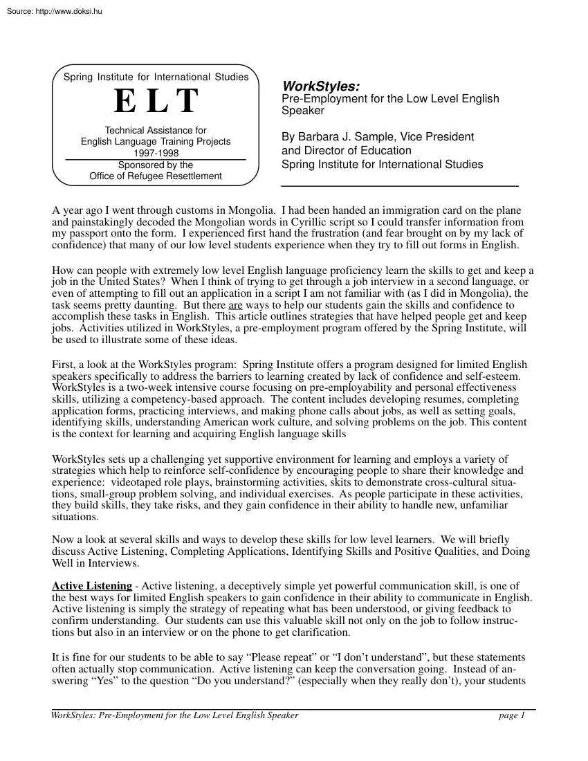 Barbara J. Sample - Pre-employment for the low level English speaker