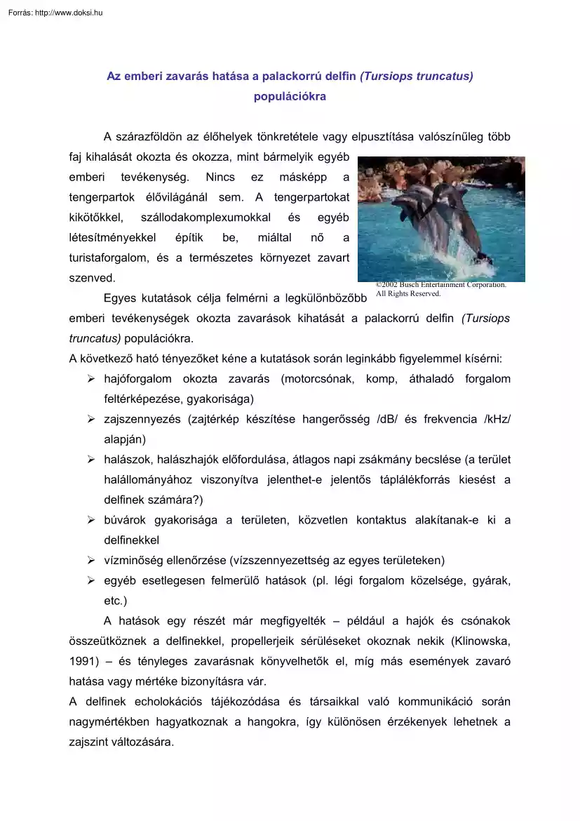 Oláh György - Az emberi zavarás hatása a palackorrú delfin populációra