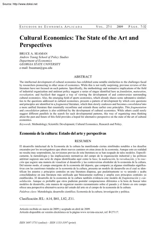 Bruce A. Seaman - Cultural Economics, The State of the Art and Perspectives