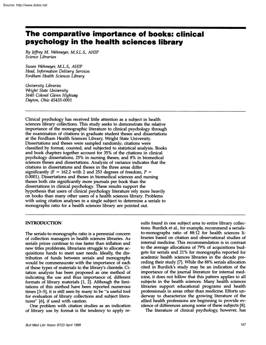 Jeffrey M. Wehmeyer - The Comparative Importance of Books, Clinical Psychology in the Health Sciences Library