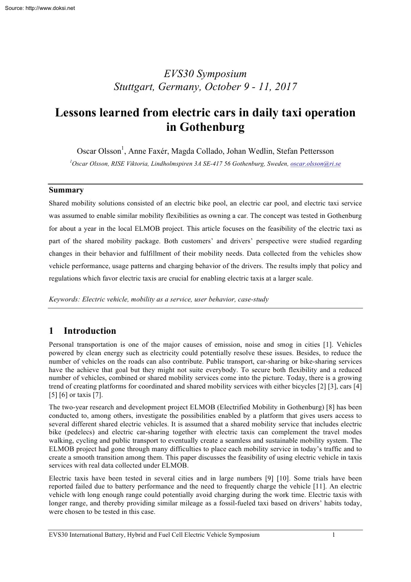 Olsson-Faxer-Collado - Lessons Learned from Electric Cars in Daily Taxi Operation in Gothenburg