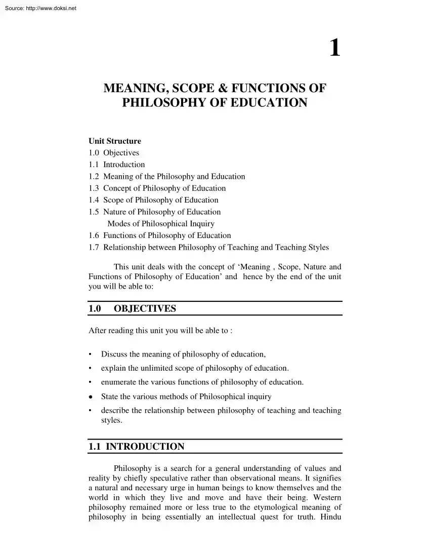 Meaning, scope and functions of philosophy of education