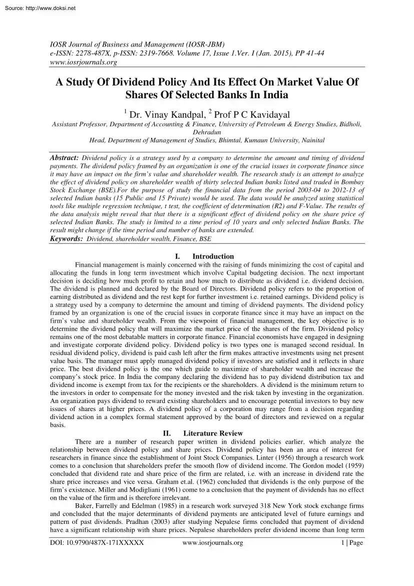 Kandpal-Kavidayal - A Study Of Dividend Policy And Its Effect On Market Value Of Shares Of Selected Banks In India