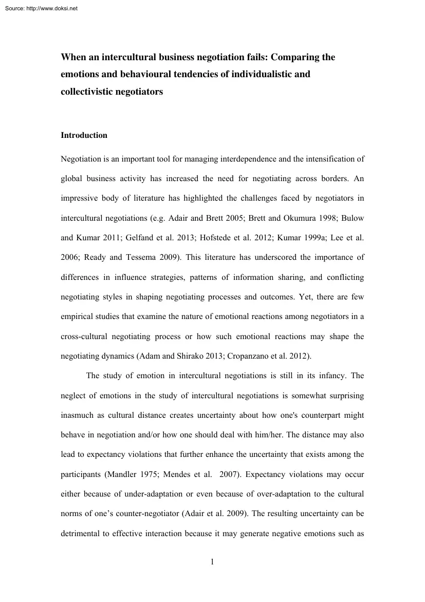 When an Intercultural Business Negotiation Fails, Comparing the Emotions and Behavioural Tendencies