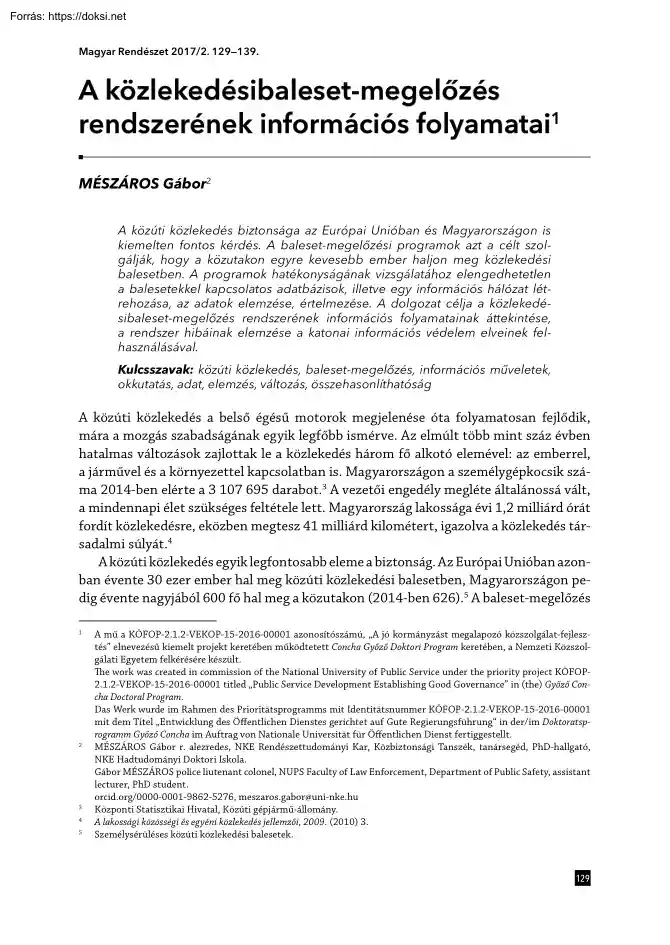 Mészáros Gábor - A közlekedésibaleset-megelőzés rendszerének információs folyamatai