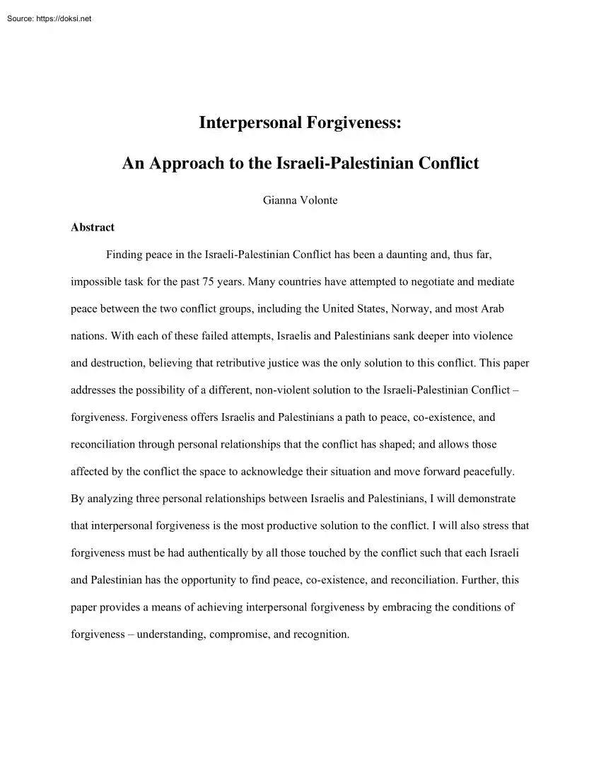 Gianna Volonte - Interpersonal Forgiveness, An Approach to the Israeli Palestinian Conflict