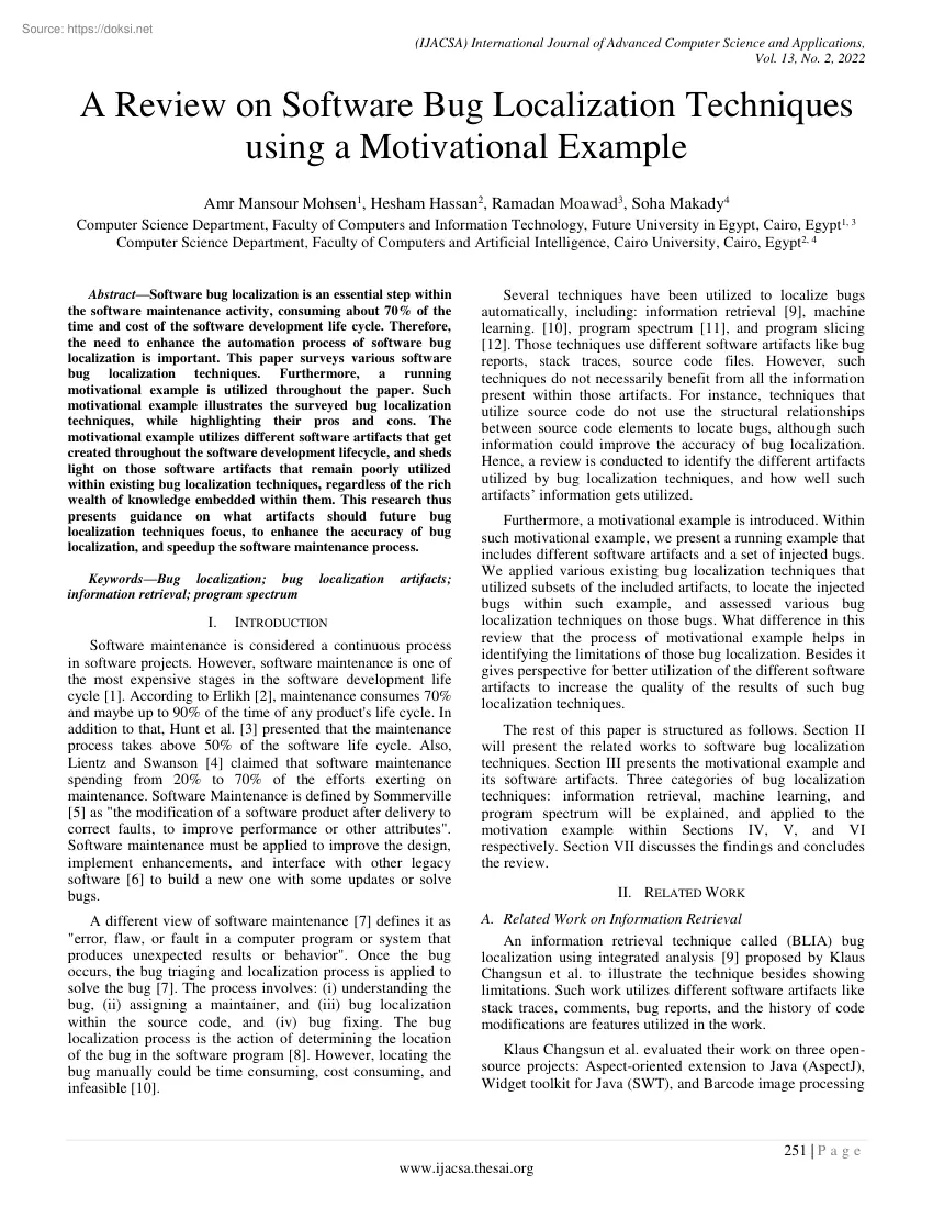 A Review on Software Bug Localization Techniques using a Motivational Example