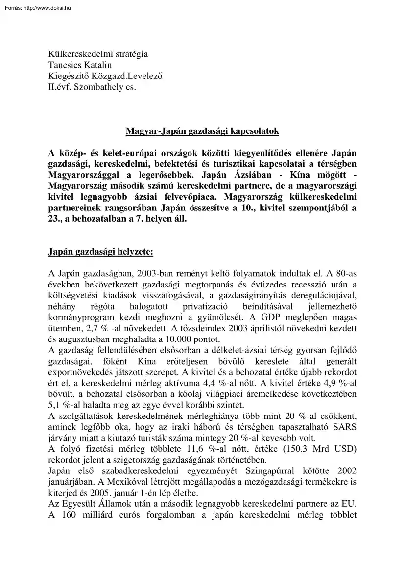 Táncsics Katalin - Magyar-Japán gazdasági kapcsolatok