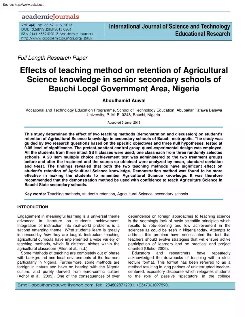 Abdulhamid Auwal - Effects of Teaching Method on Retention of Agricultural Science Knowledge, Bauchi Local Government Area, Nigeria