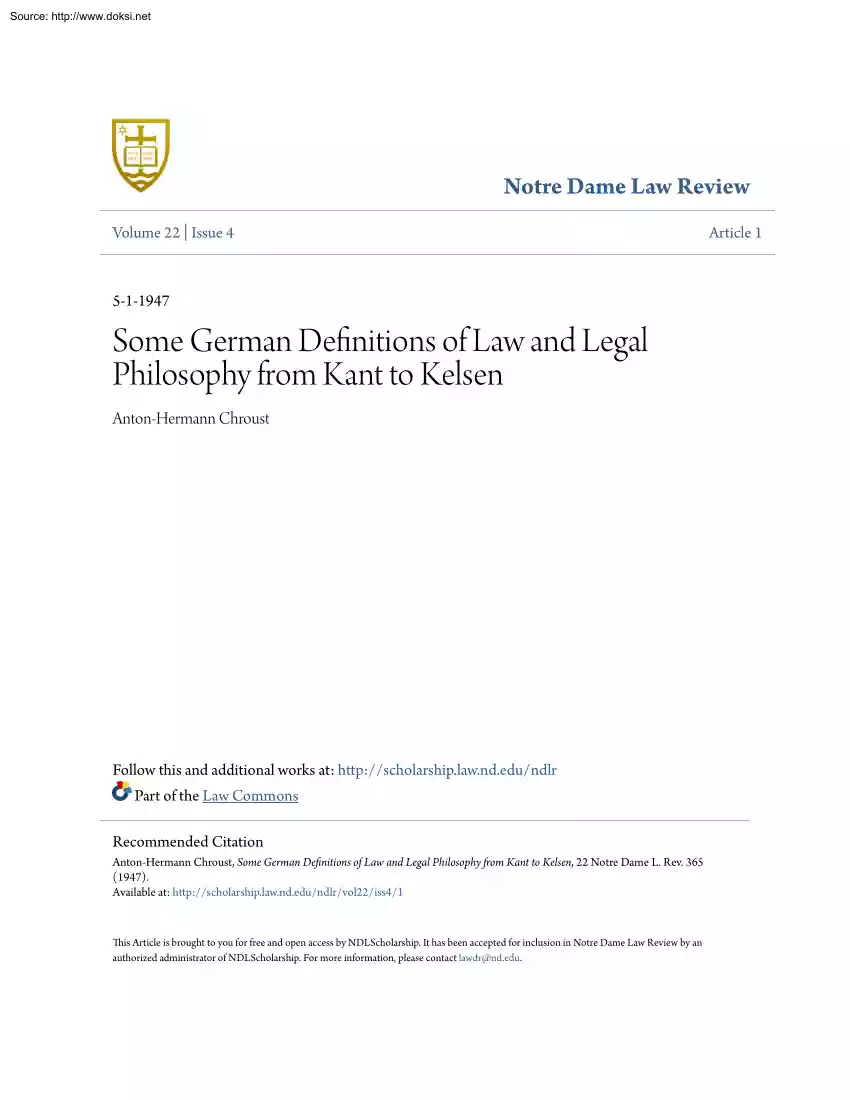 Anton Hermann Chroust - Some German Definitions of Law and Legal Philosophy from Kant to Kelsen