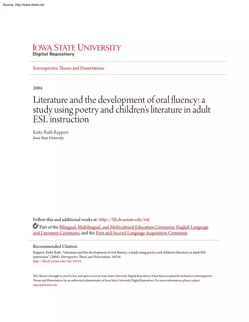 Ketty Ruth Reppert - Literature and the Development of Oral Fluency, a Study Using Poetry and Childrens Literature in Adult ESL Instruction