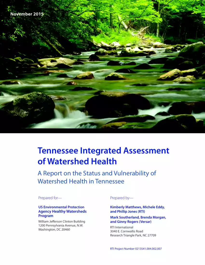 Tennessee Integrated Assessment of Watershed Health, A Report on the Status and Vulnerability of Watershed Health in Tennessee