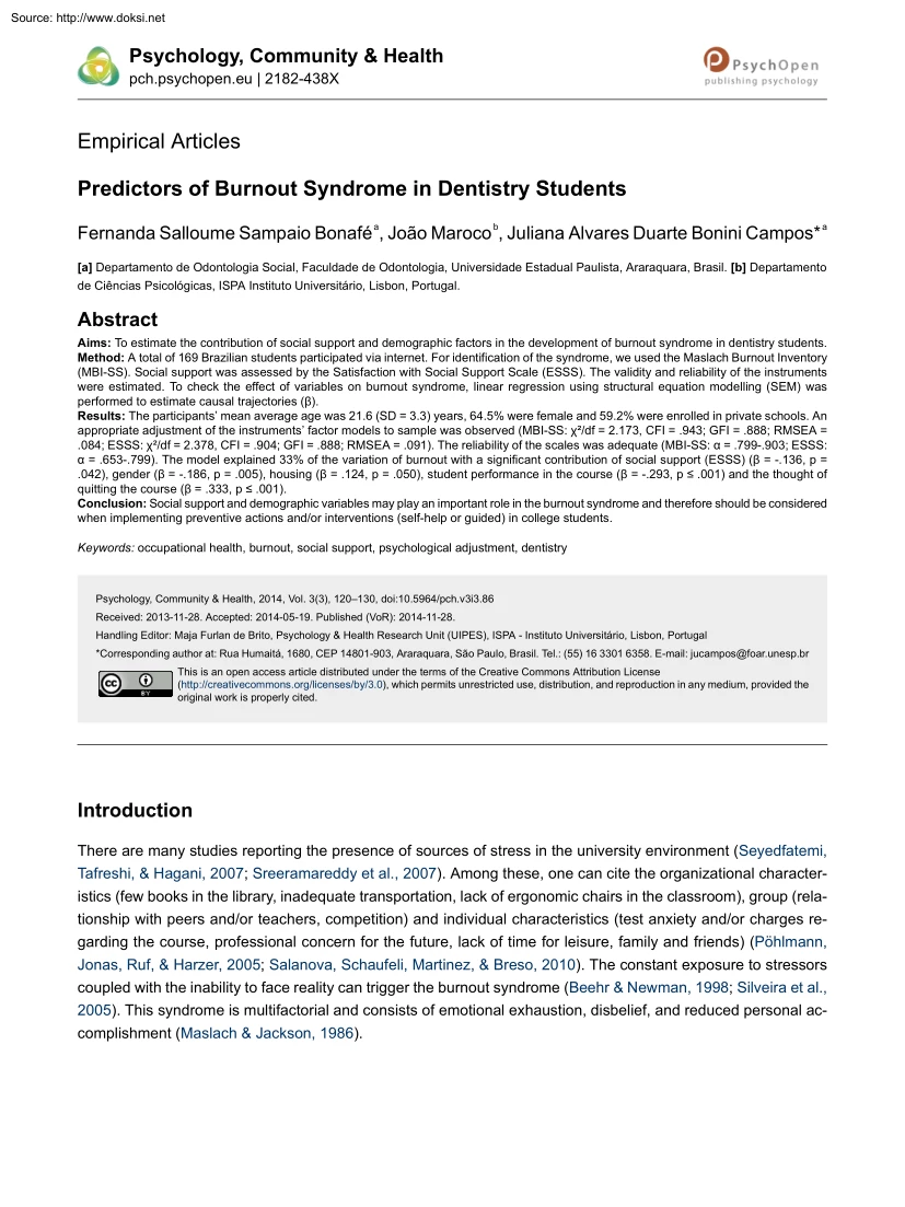 Bonafé-Maroco-Campos - Predictors of Burnout Syndrome in Dentistry Students