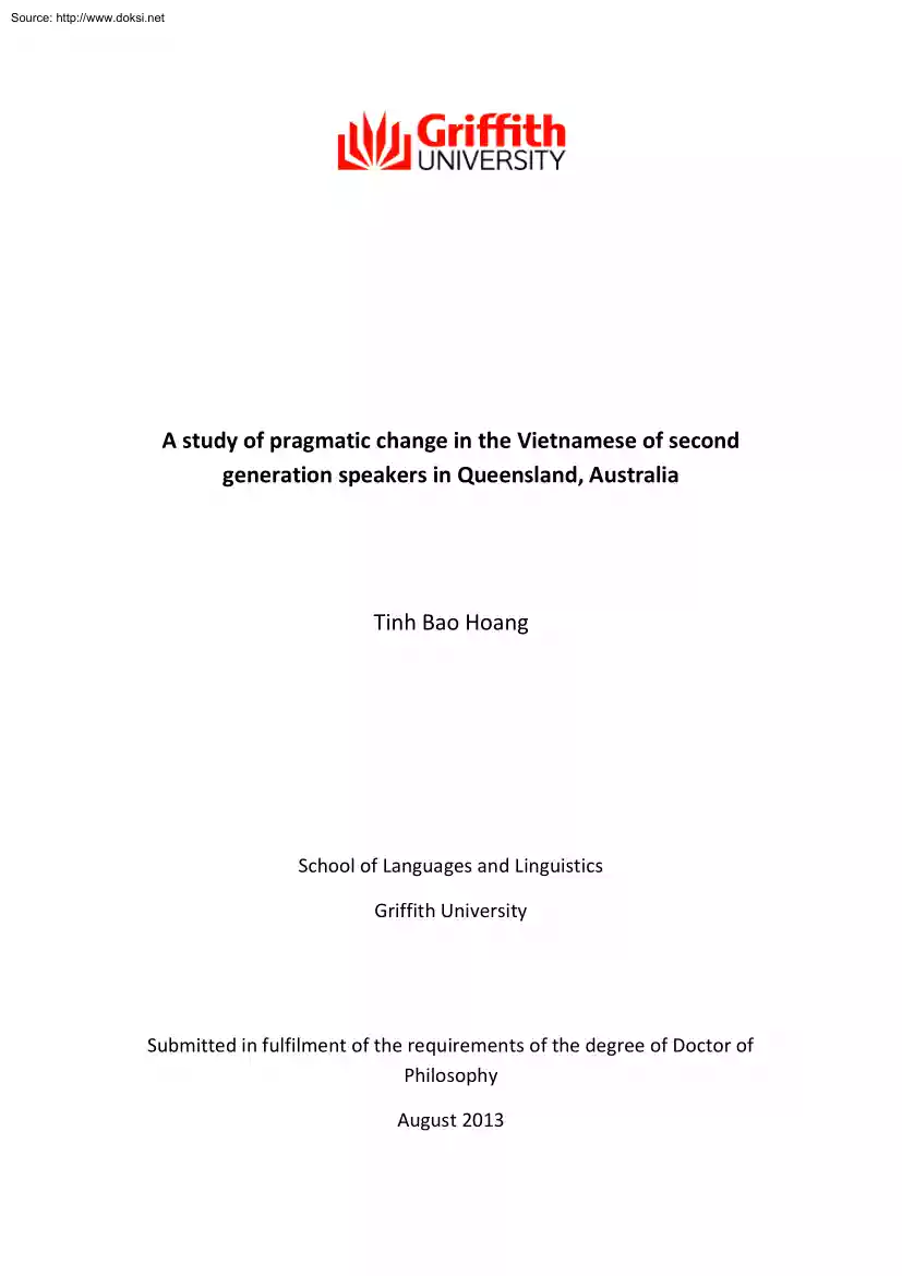 Tinh Bao Hoang - A Study of Pragmatic Change in the Vietnamese of Second Generation Speakers in Queensland, Australia