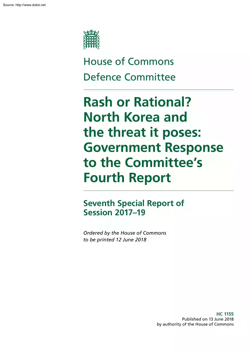 Rash or Rational, North Korea and the Threat It Poses, Government Response to the Committees Fourth Report